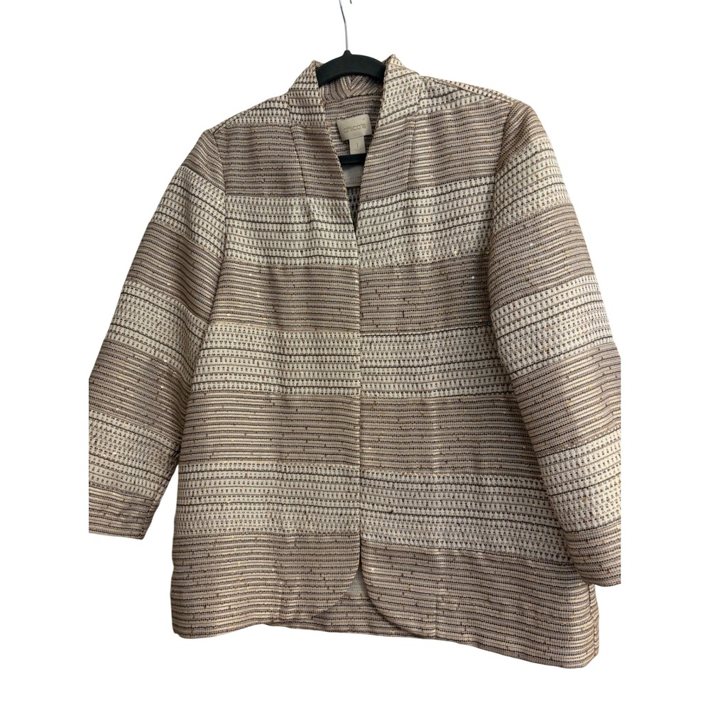 Chico's Blazer Size 1 Gold Sequin, Textured, Open Front, Metallic, Holiday, Luxe